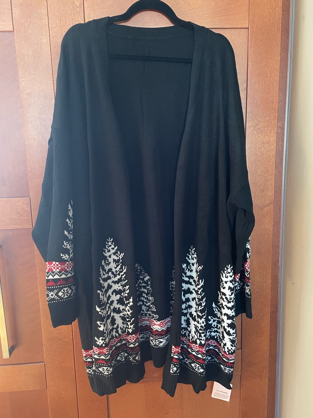 NWT! Bloomchic Plus 28 Fits 5-6X Black Open-Front Sweater Cardigan Winter Trees